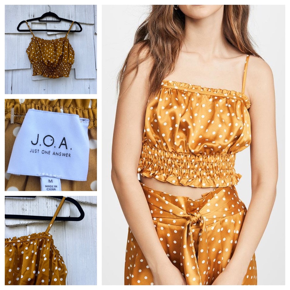 JOA Just One Answer Mustard Polka Dot Smocked Ruffle Crop Top Blouse M‎